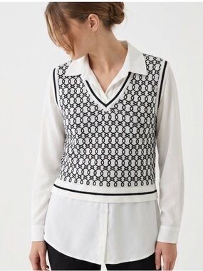 Adrianna Papell Black and White minimalist Geometric Sweater Vest with Shirt